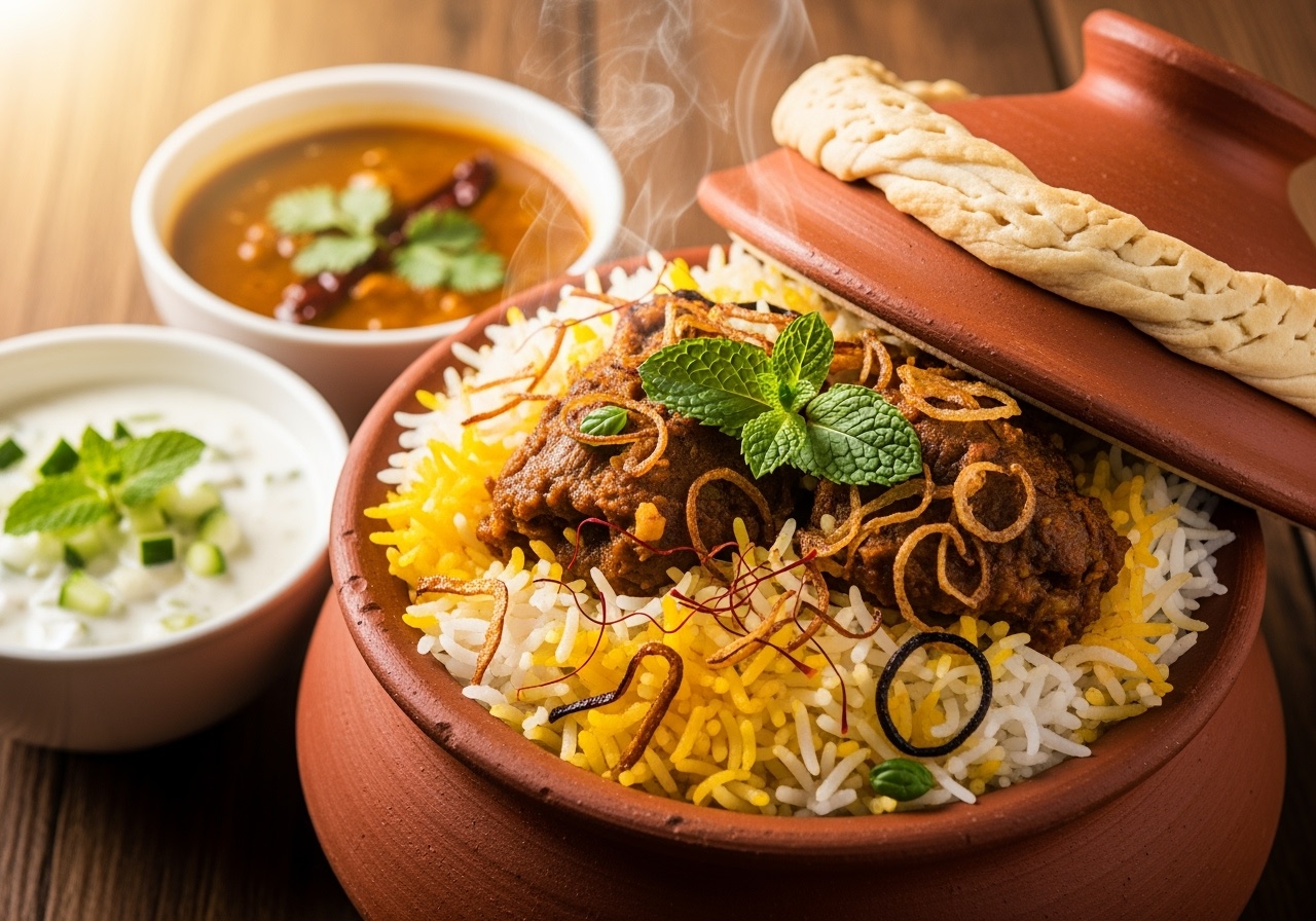 Authentic Hyderabadi Biryani served in traditional dum style