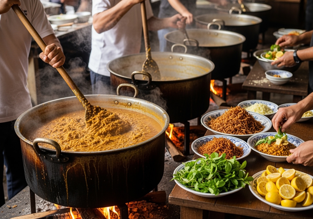 Traditional Haleem preparation in large pots